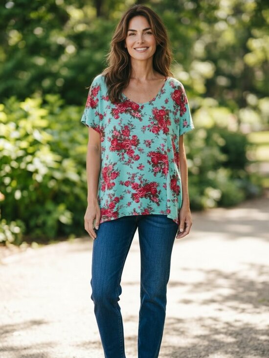 Deb Tops - Deb Mint Floral High-Low Swing Top Size 1X